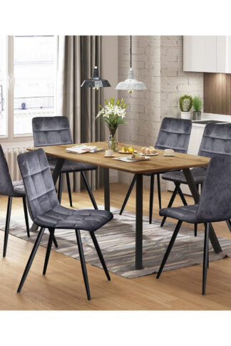 <p>Jedálenský stôl <a href="https://www.eurostyle.cz/jidelni-stul-bergen-dub">BERGEN 4090</a> a šesť jedálenských stoličiek <a href="https://www.eurostyle.cz/jidelni-zidle-bergen-sedy-samet">BERGEN 4091 </a>. Stôl má kovovú konštrukciu v čiernej farbe a dosku z MDF v dubovej farbe s označením Wotan. Stoličky majú sivý zamatový poťah. Majú kovovú konštrukciu v čiernej farbe a výšku sedadla 51 cm. Rozmery stola sú 140 × 80 × 75 cm a rozmery stoličiek sú 56 × 44 × 86 cm.</p>