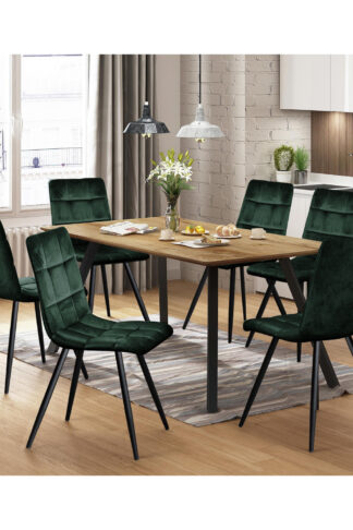 <p>Jedálenský stôl <a href="https://www.eurostyle.cz/jidelni-stul-bergen-dub">BERGEN 4090</a> a šesť jedálenských stoličiek <a href="https://www.eurostyle.cz/jidelni-zidle-bergen-zeleny-samet">BERGEN 4092.</a>Stôl má čiernu kovovú konštrukciu a dubovú MDF dosku s označením Wotan. Stoličky majú zamatový poťah v zelenej farbe