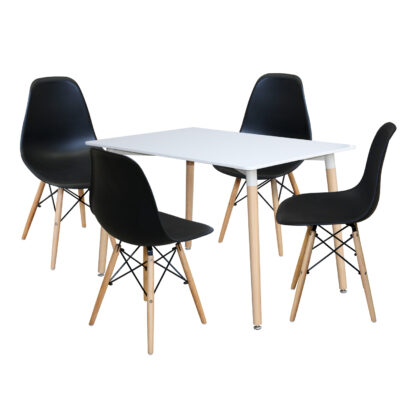 Jedálenský stôl 120 × 80 UNO biely + 4 stoličky UNO čierne – stôl 120 × 80 × 74 cm: biela doska MDF