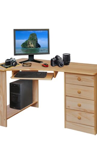 PC stôl rohový 8846 lakovaný v prevedení masív borovica je vhodný  do pracovne a študentskej izby. Stôl obsahuje 4 zásuvky s kovovými pojazdmi a výsuv pre klávesnicu