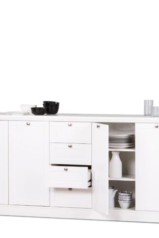 Komoda 4 dvere + 4 zásuvky LANDWOOD 52 poslúži v každej izbe. Komoda vo vyhotovení kombinácie MDF/lamino vo vyhotovení biela obsahuje 4 dvere