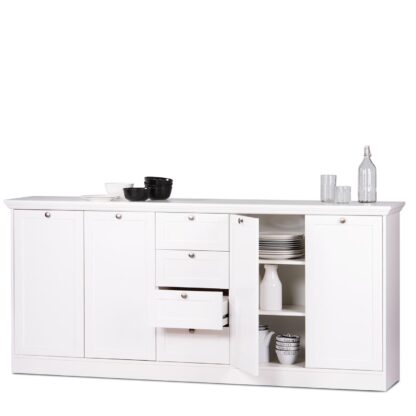Komoda 4 dvere + 4 zásuvky LANDWOOD 52 poslúži v každej izbe. Komoda vo vyhotovení kombinácie MDF/lamino vo vyhotovení biela obsahuje 4 dvere