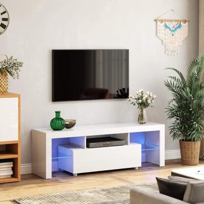 VASAGLE TV stolík biely farebné LED podsvietenie 140 x 45 x 35 cm