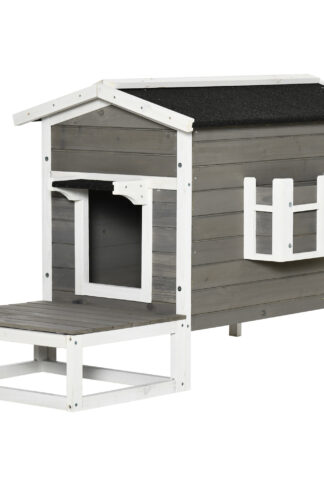PAWHUT Vonkajší drevený domček pre mačky 115 x 67 x 75 cm sivý biely