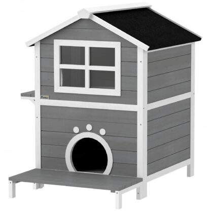 PAWHUT Vonkajší dvojpodlažný domček pre mačky s balkónom drevený 66 x 66 x 90 cm sivý biely