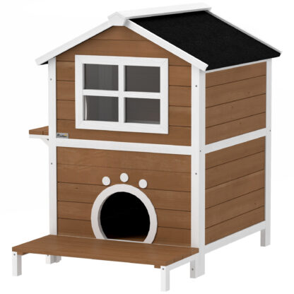PAWHUT Vonkajší dvojpodlažný domček pre mačky s balkónom drevený 66 x 66 x 90 cm hnedý